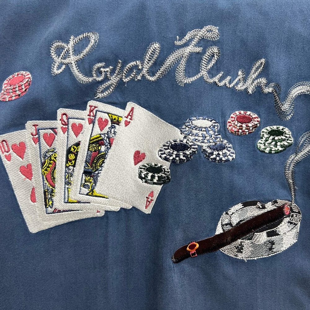 Vintage silk button down with fun poker themed embroidery.